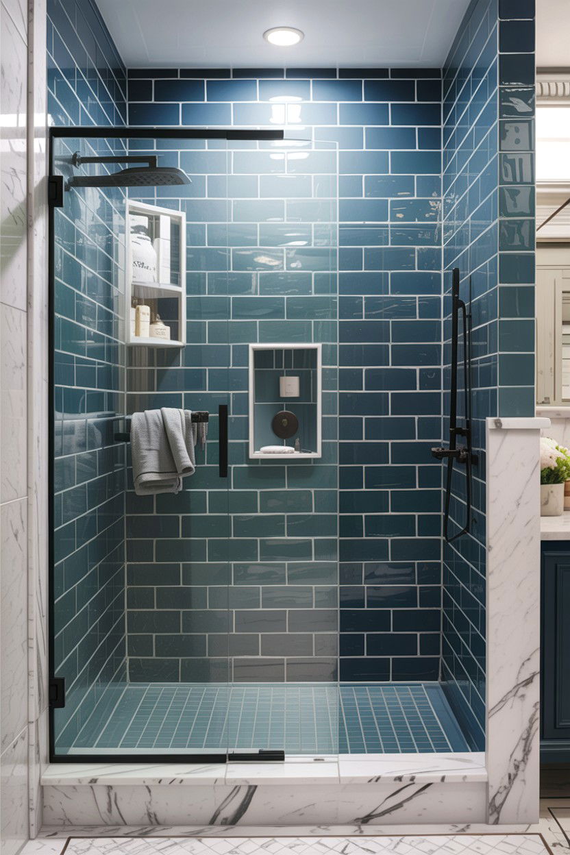 Slate blue subway tile shower - 30 colored subway tile bathroom ideas