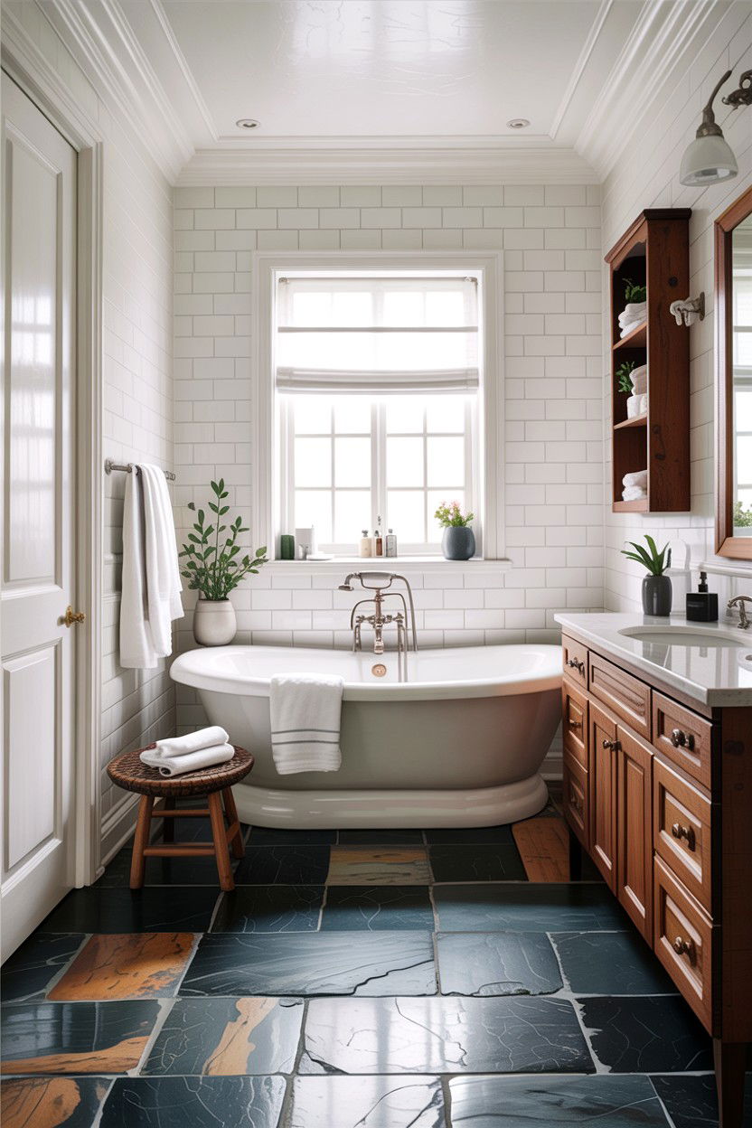 Slate floor white bathroom - 30 high contrast bathroom ideas