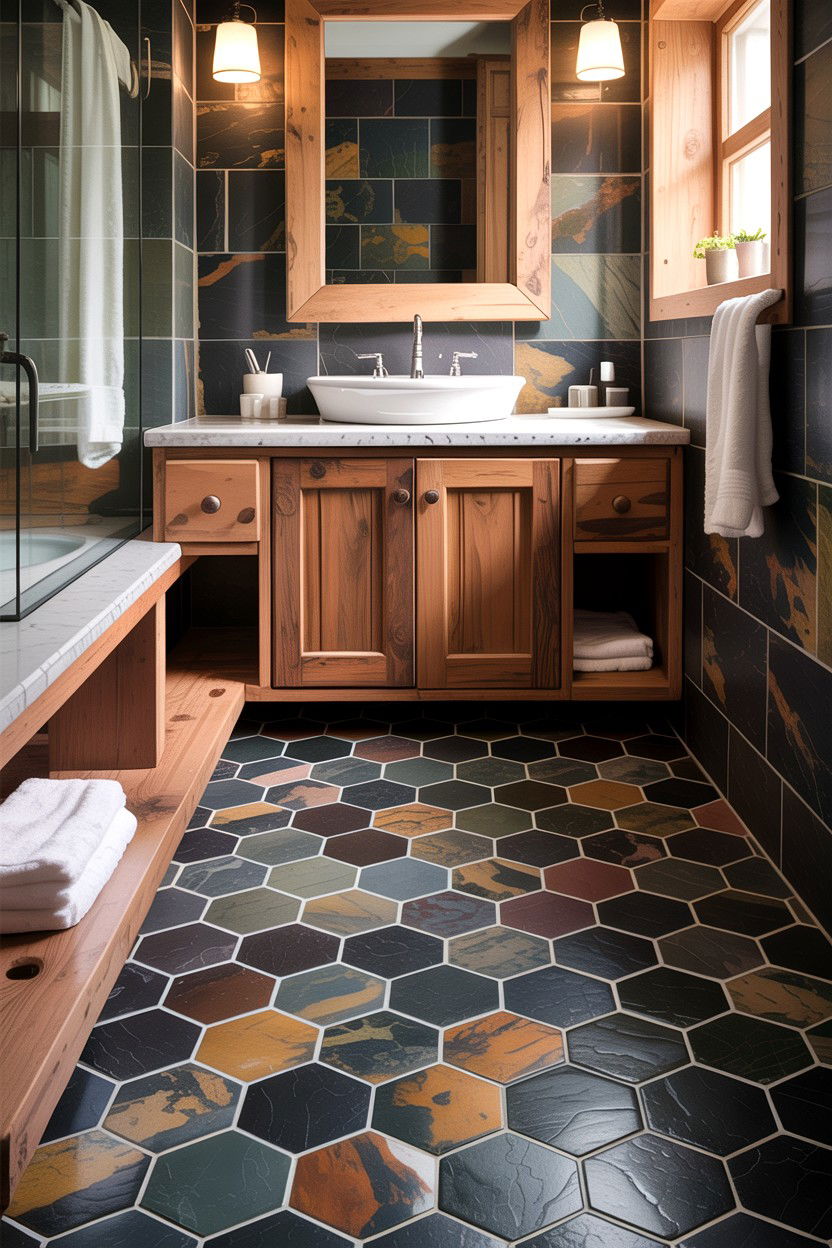Slate hexagon tile bathroom floor - 30 honeycomb tile bathroom ideas