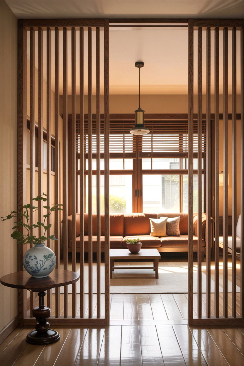 Slatted Wood Divider - 30 living room Japanese furniture ideas
