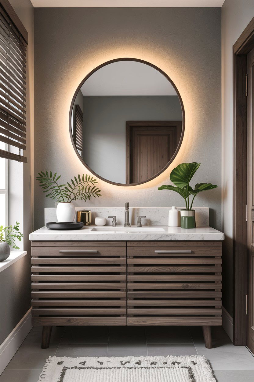 Slatted wood gray vanity - 30 gray and white bathroom ideas