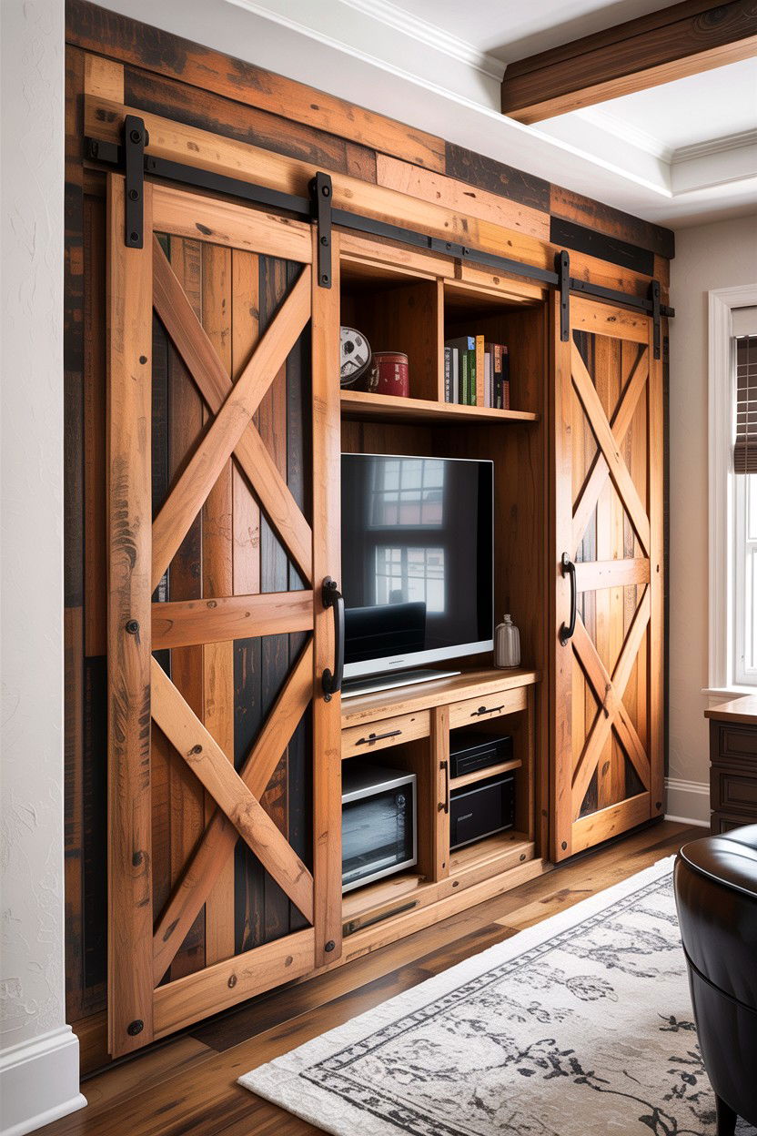 Sliding Barn Door Storage - 30 living room custom cabinetry ideas