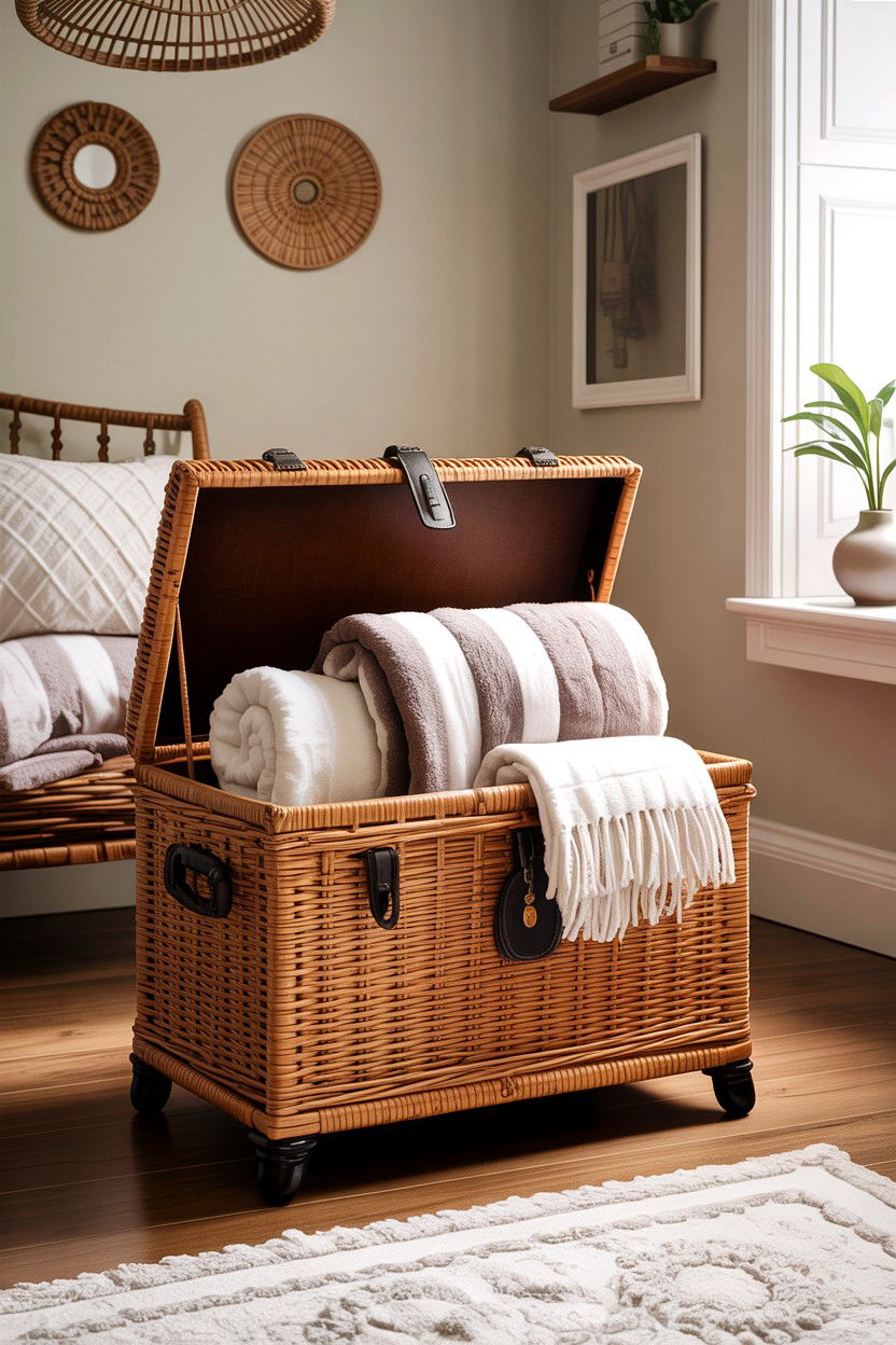 Small wicker trunk - 30 small bathroom space storage ideas