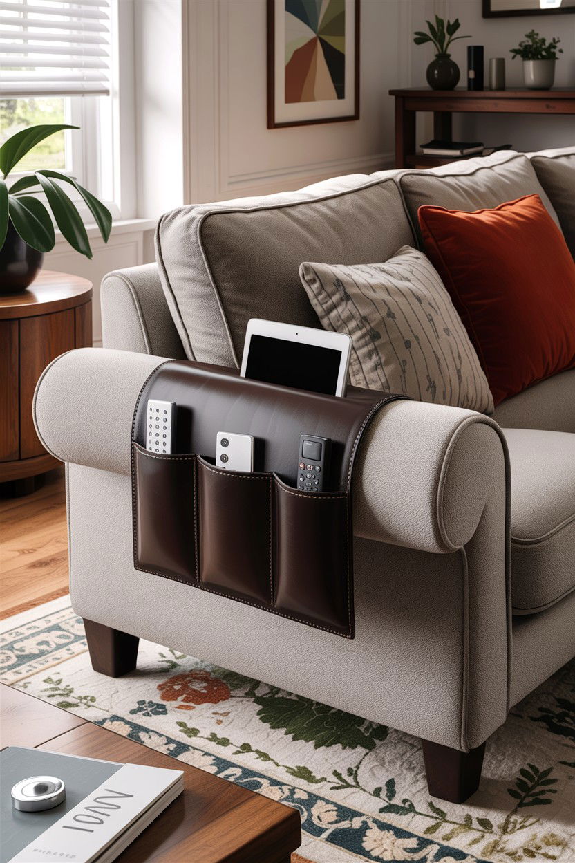 Sofa Armrest Organizer - 30 small living room space storage ideas