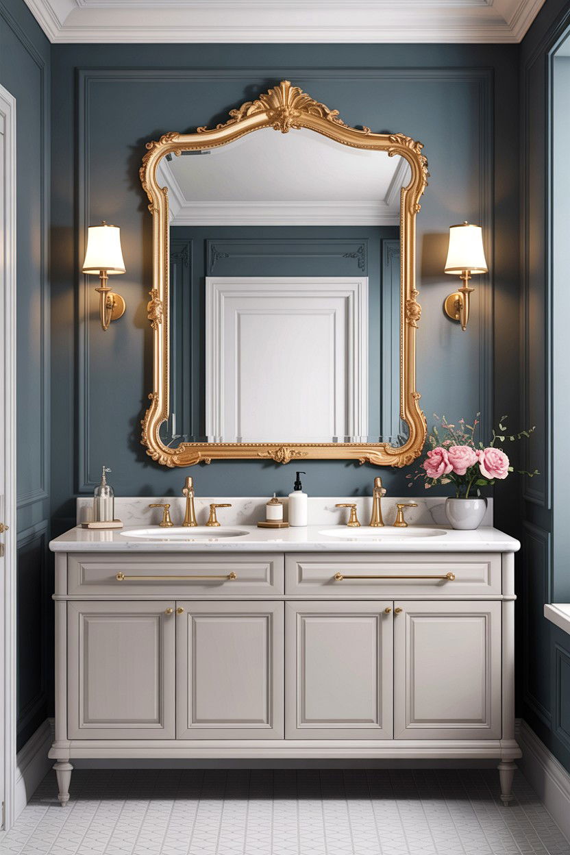 Soft Gray Bathroom Gold Frame Mirror - 30 gray and gold bathroom ideas