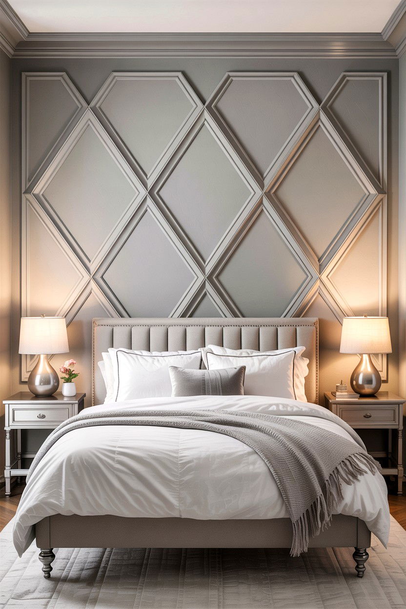 Soft Gray Geometric Molding - 30 bedroom geometric wall designs