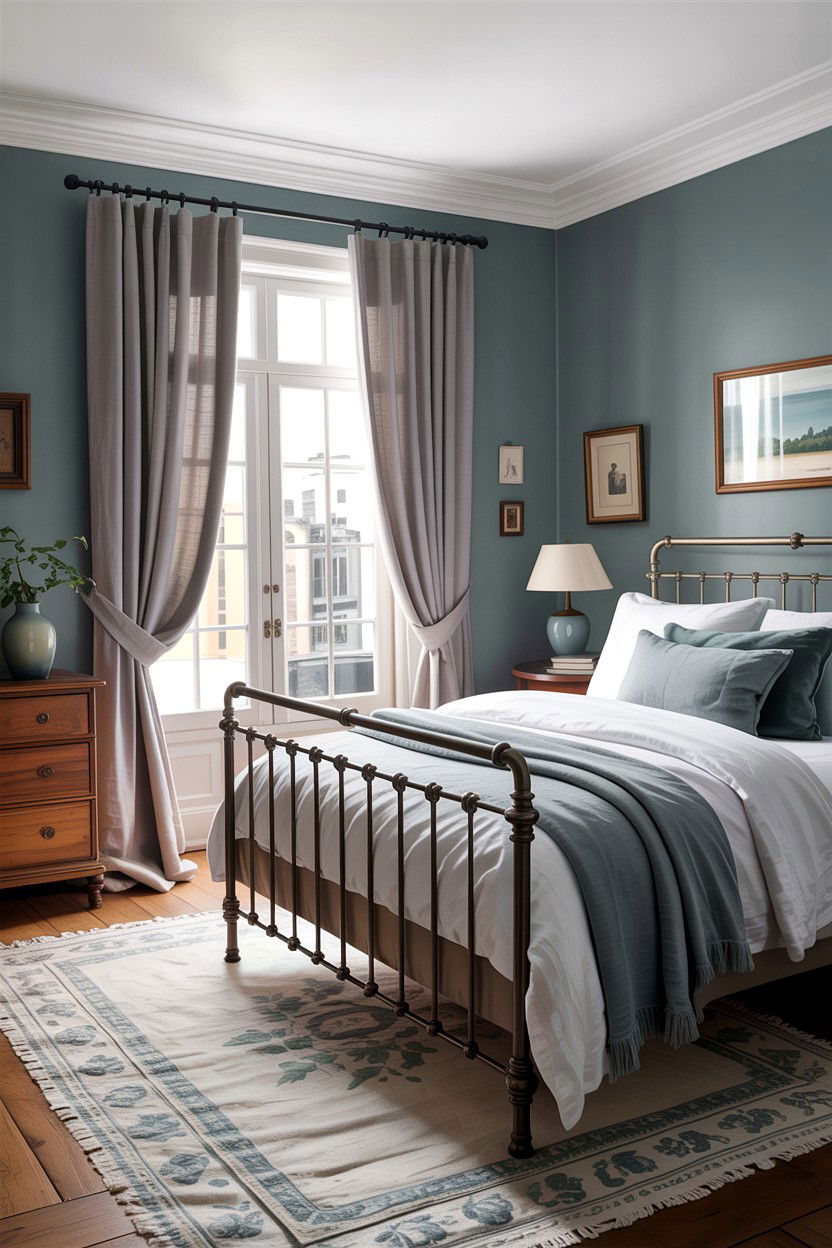 Soft grey bedroom with linen curtains - 30 traditional grey bedroom ideas