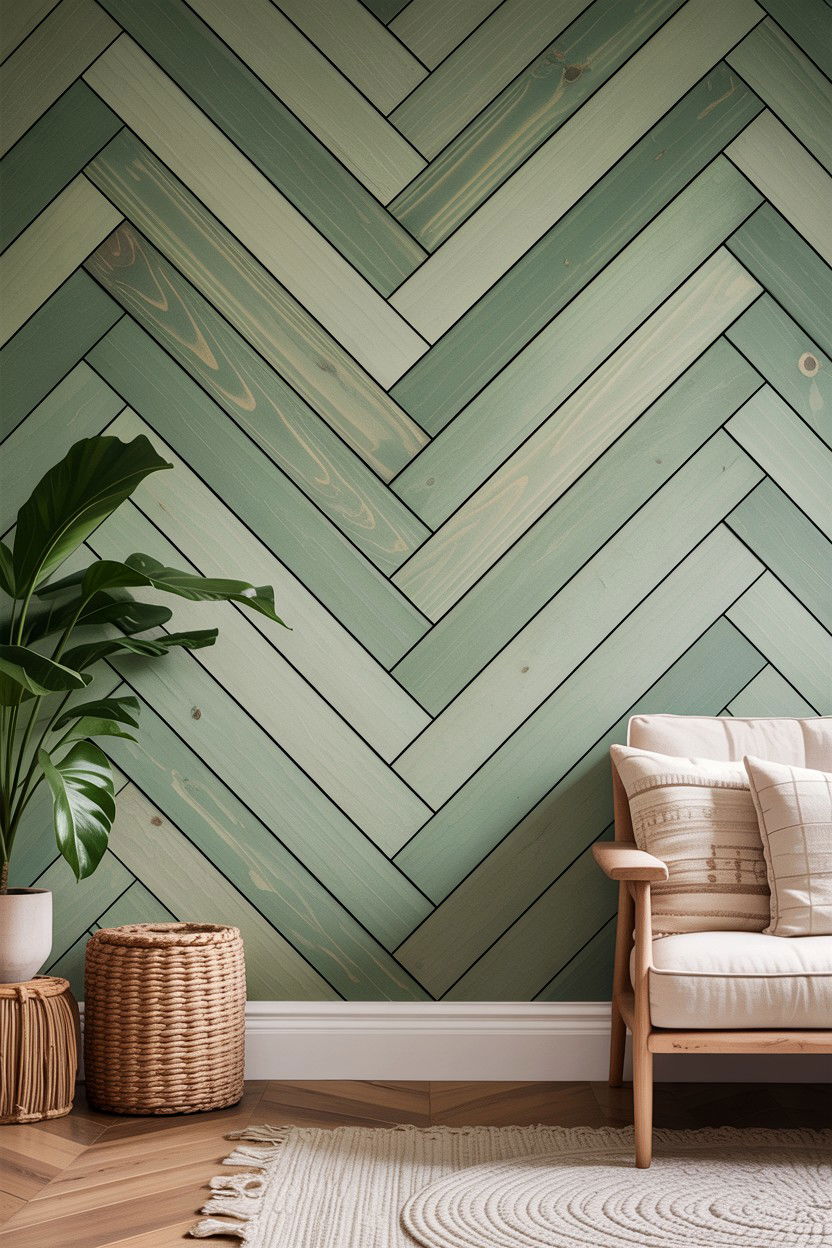 Soft sage herringbone wall - 30 bedroom herringbone wall ideas