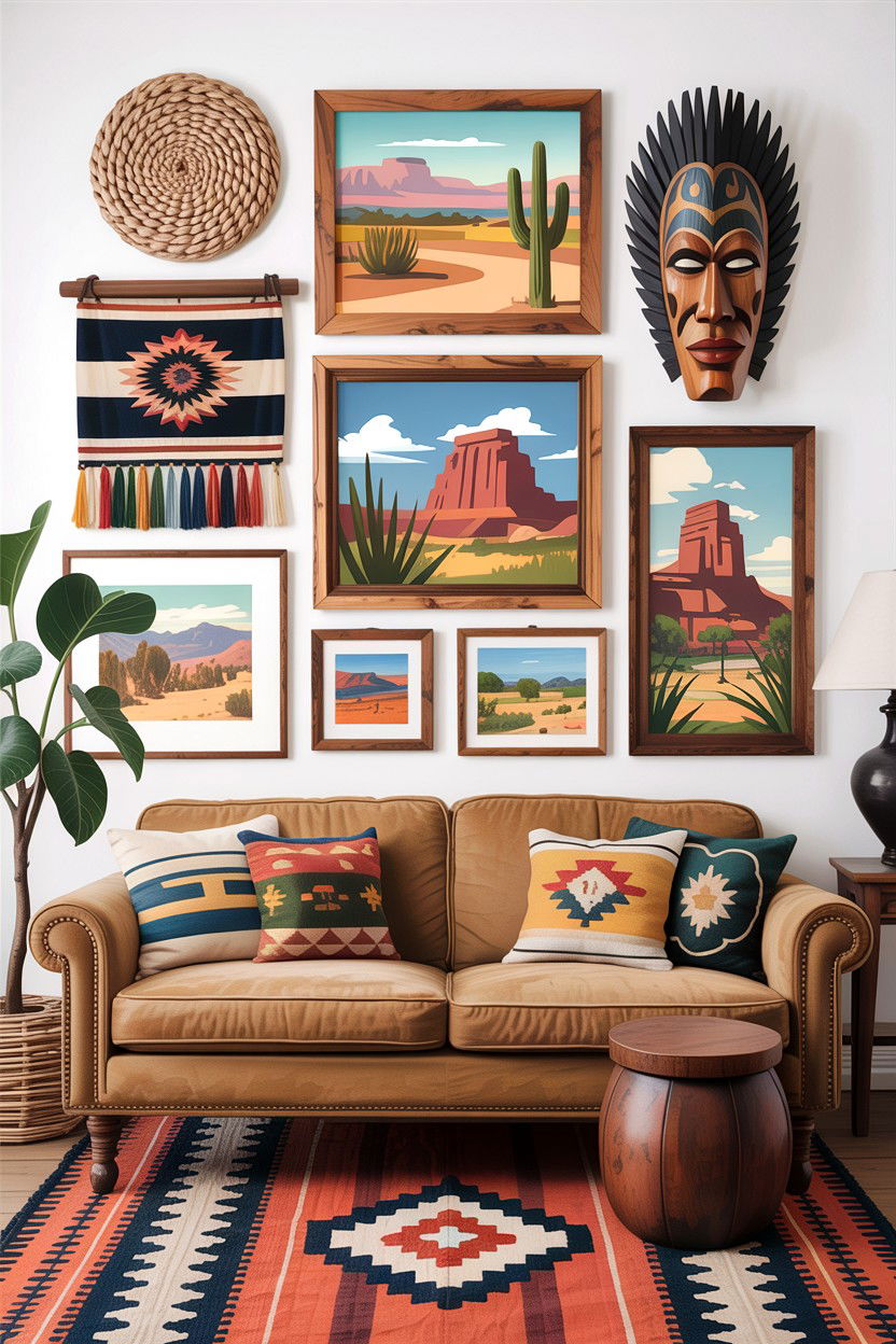 Southwestern gallery wall - 30 Southwestern living room ideas