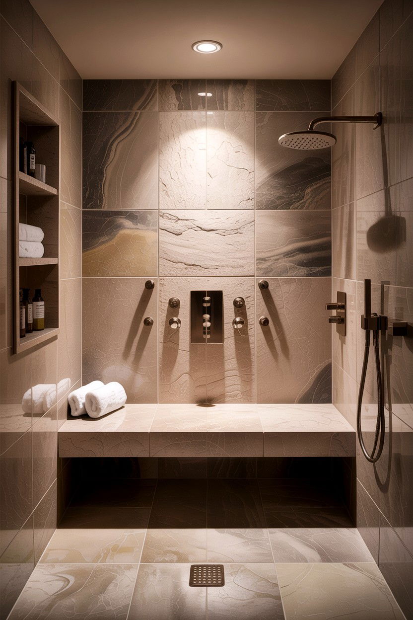 Spa shower bench - 30 bathroom built-in bench ideas