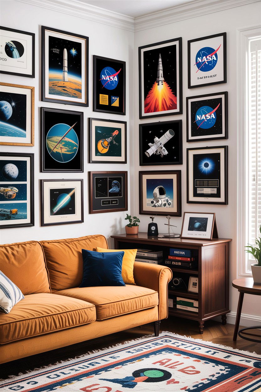 Space exploration gallery wall - 30 astronaut bedroom ideas
