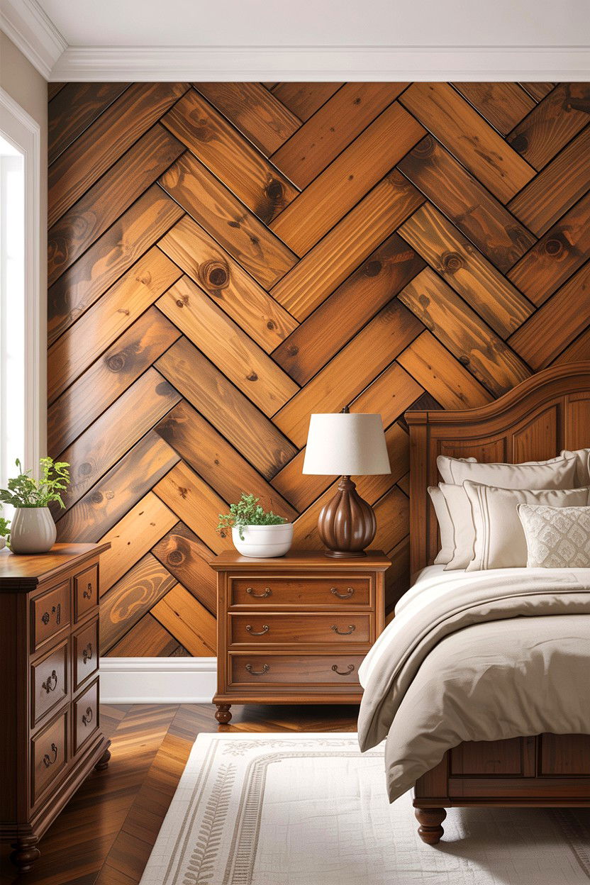 Stained pine herringbone wall - 30 bedroom herringbone wall ideas