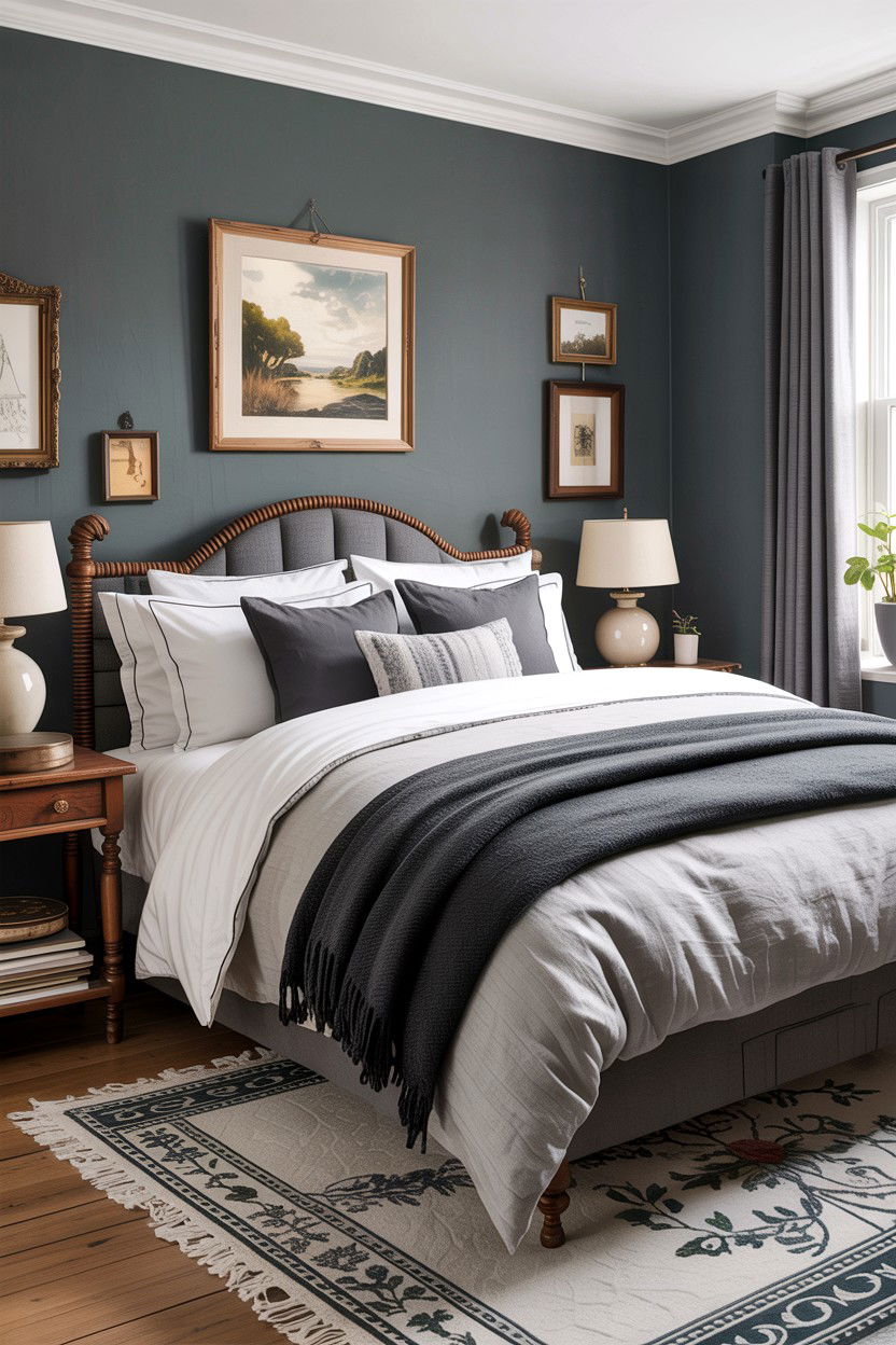 Steel grey bedroom with layered bedding - 30 traditional grey bedroom ideas