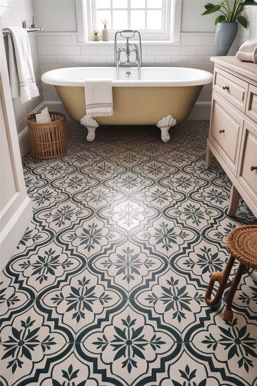 Stencil painted floor - 30 DIY bathroom ideas