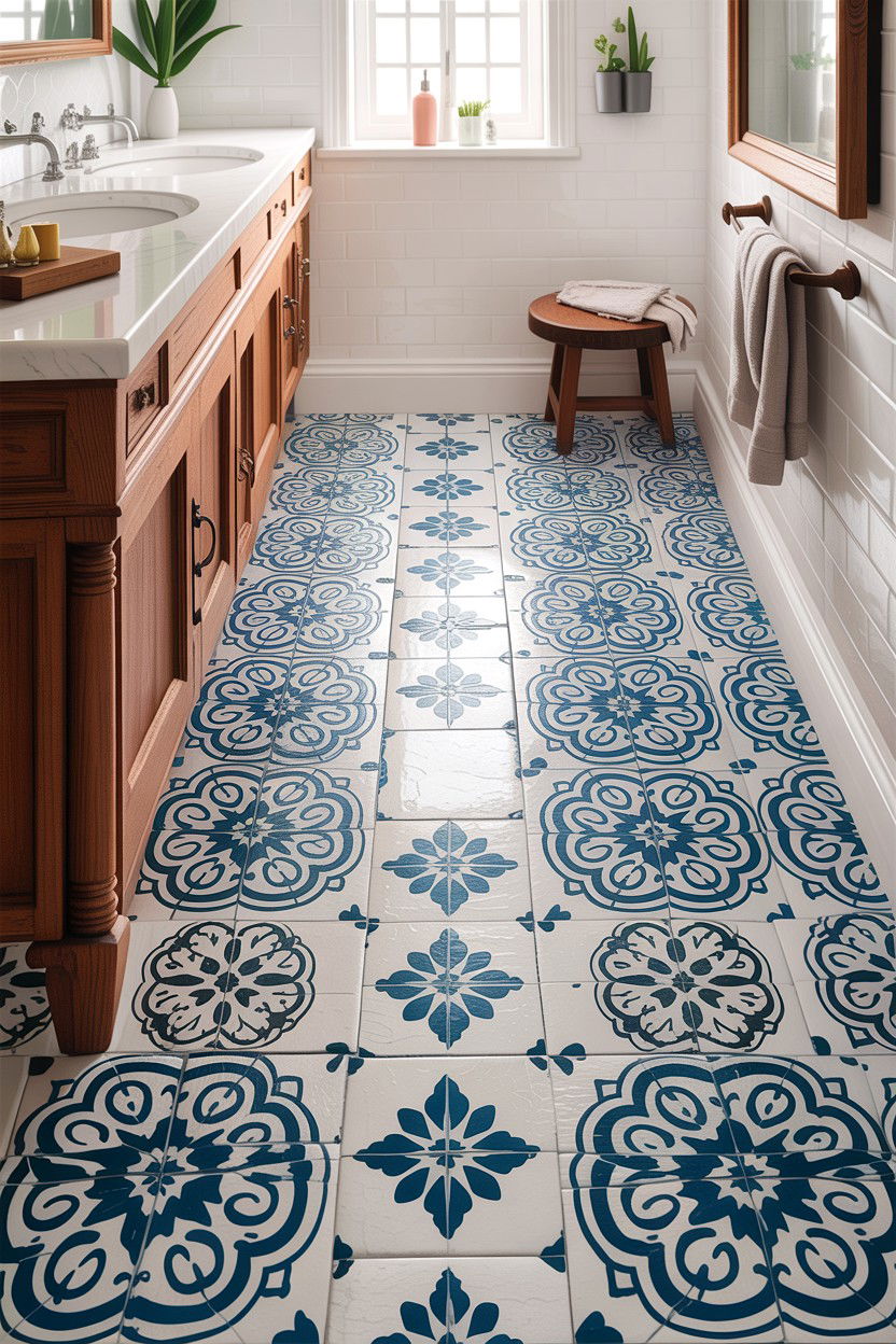 Stenciled Floor Tile - 30 DIY bathroom decor ideas