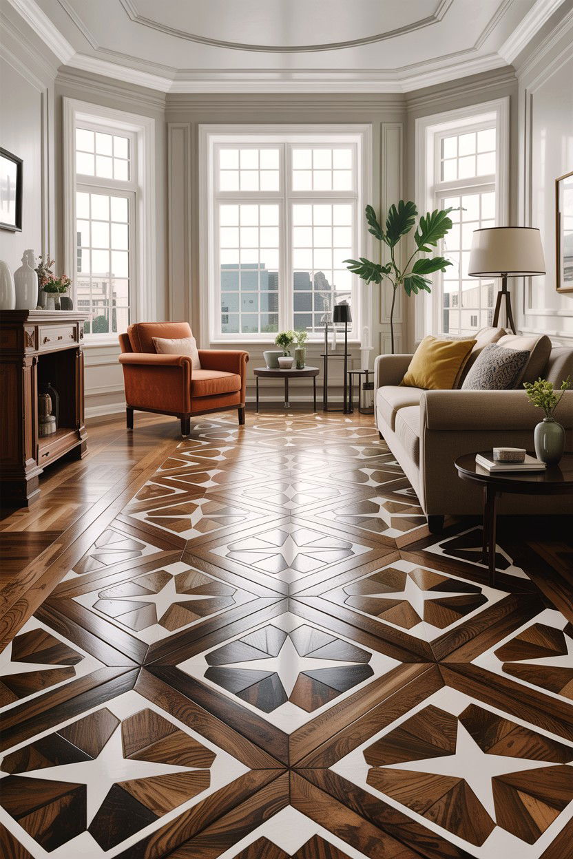 Stenciled Wood Floor - 30 handmade living room ideas