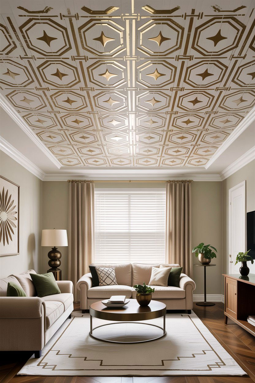 Stenciled ceiling living room - 30 living room fifth wall ideas