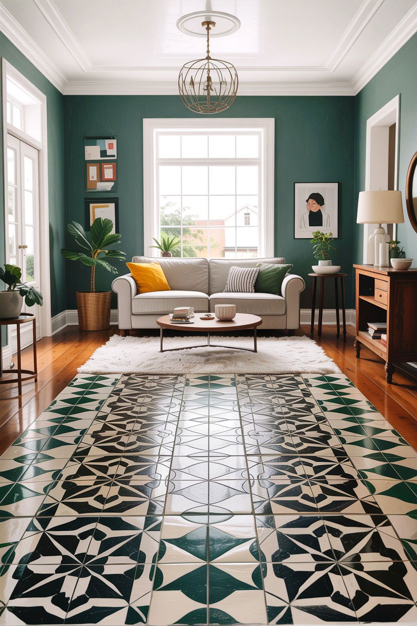 Stenciled floor tile - 30 DIY living room ideas