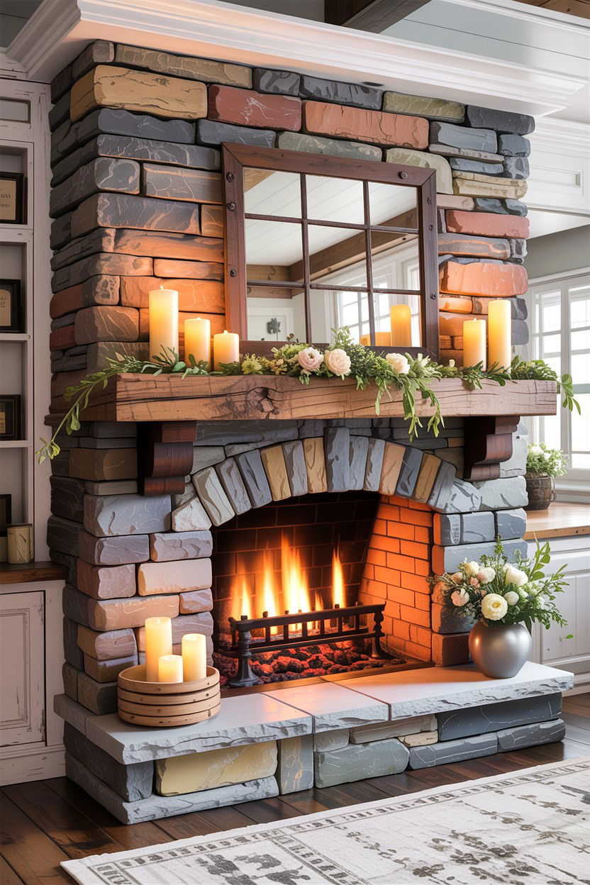 Stone Fireplace Mantel - 30 living room farmhouse furniture ideas
