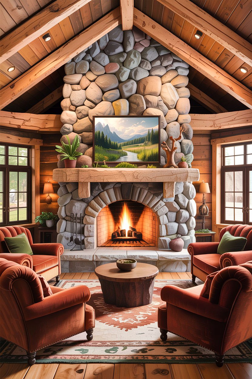 Stone fireplace cabin living room - 30 cabin living room ideas