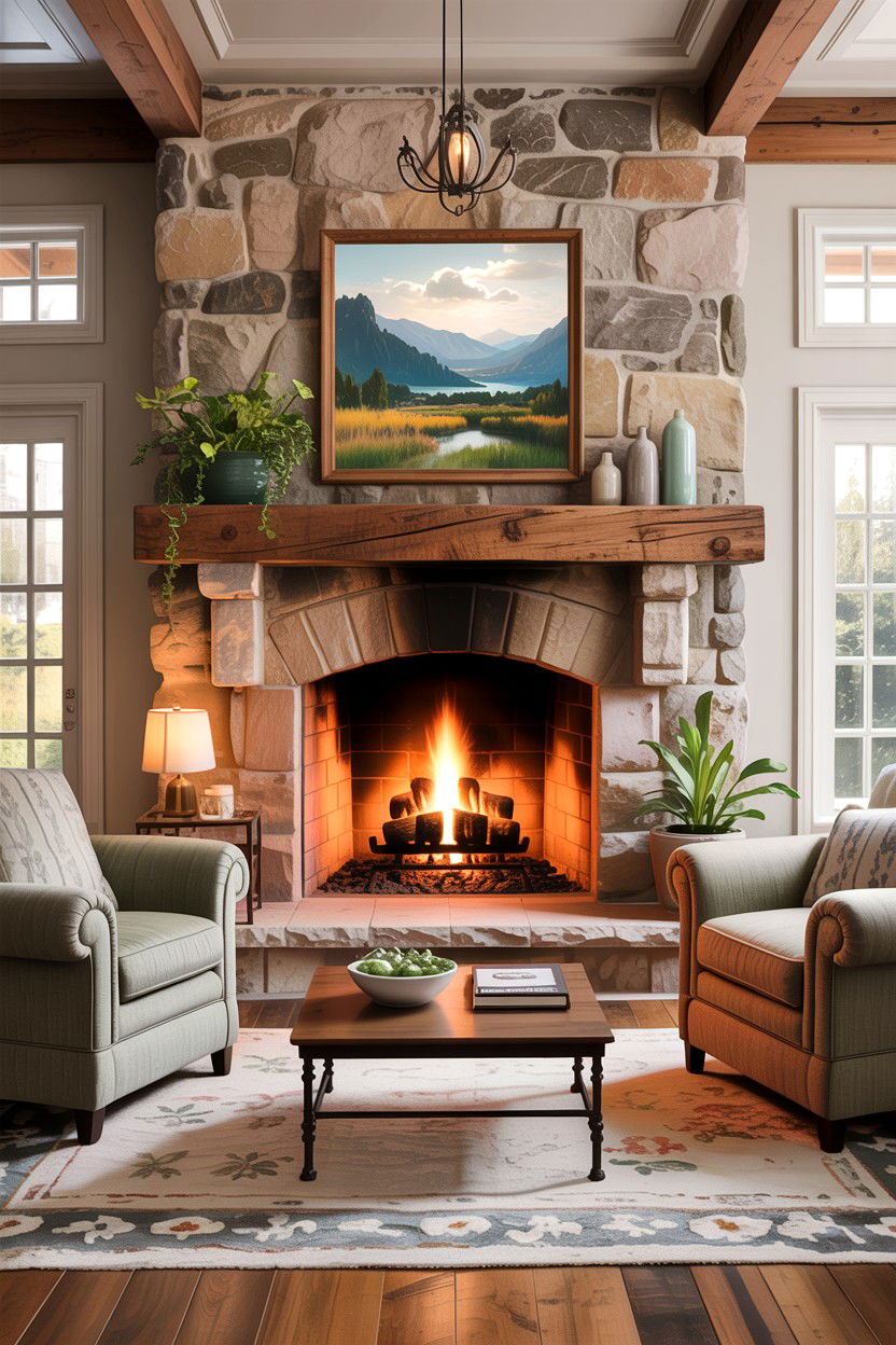 Stone fireplace country living room - 30 living room country furniture ideas