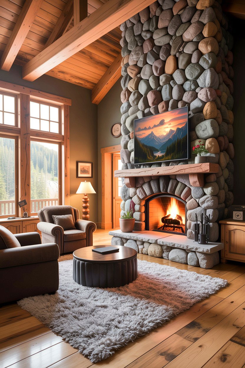 Stone fireplace living room - 30 forest living room ideas