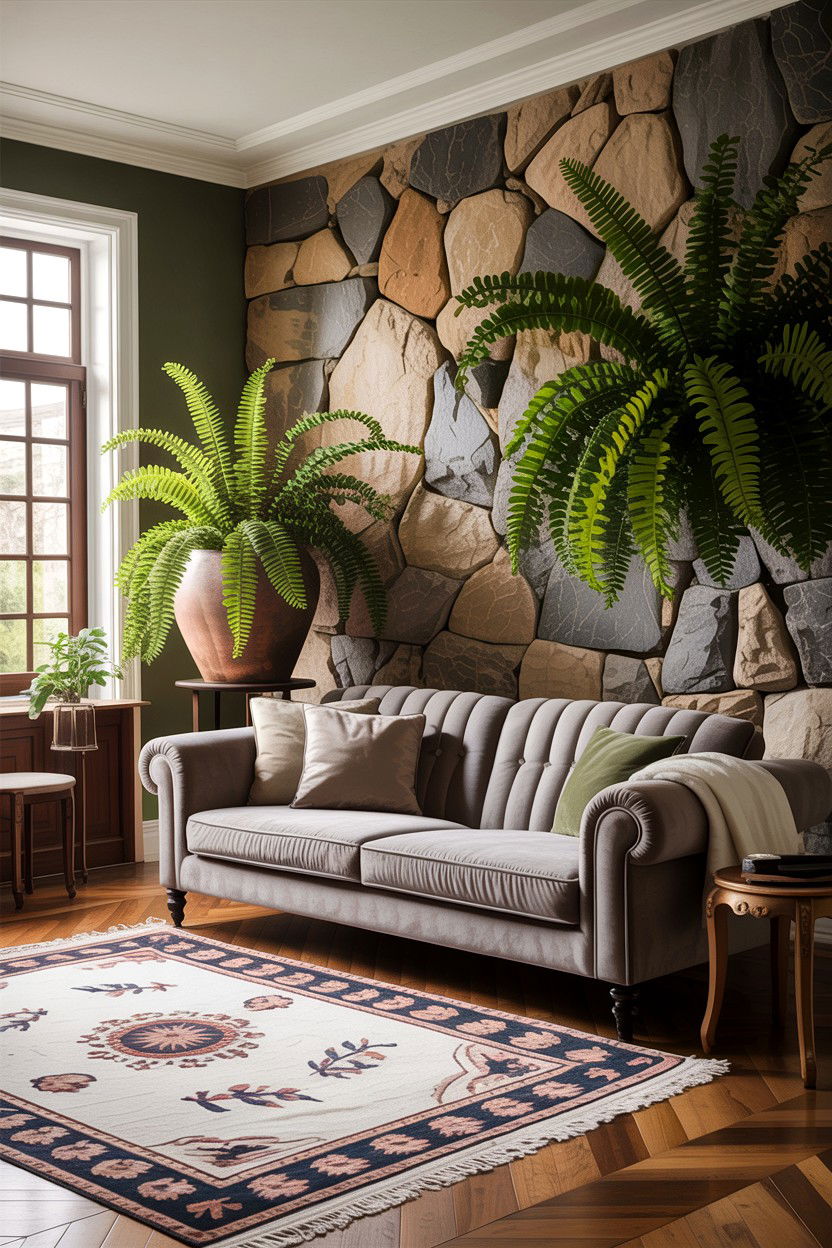 Stone wall - 30 garden themed living room ideas