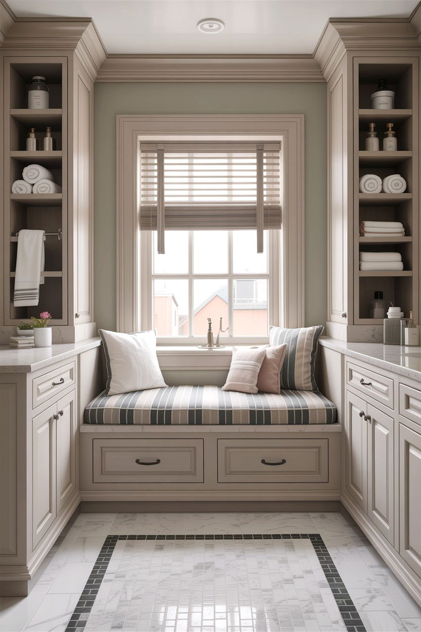 Storage bench under window - 30 bathroom built-in bench ideas