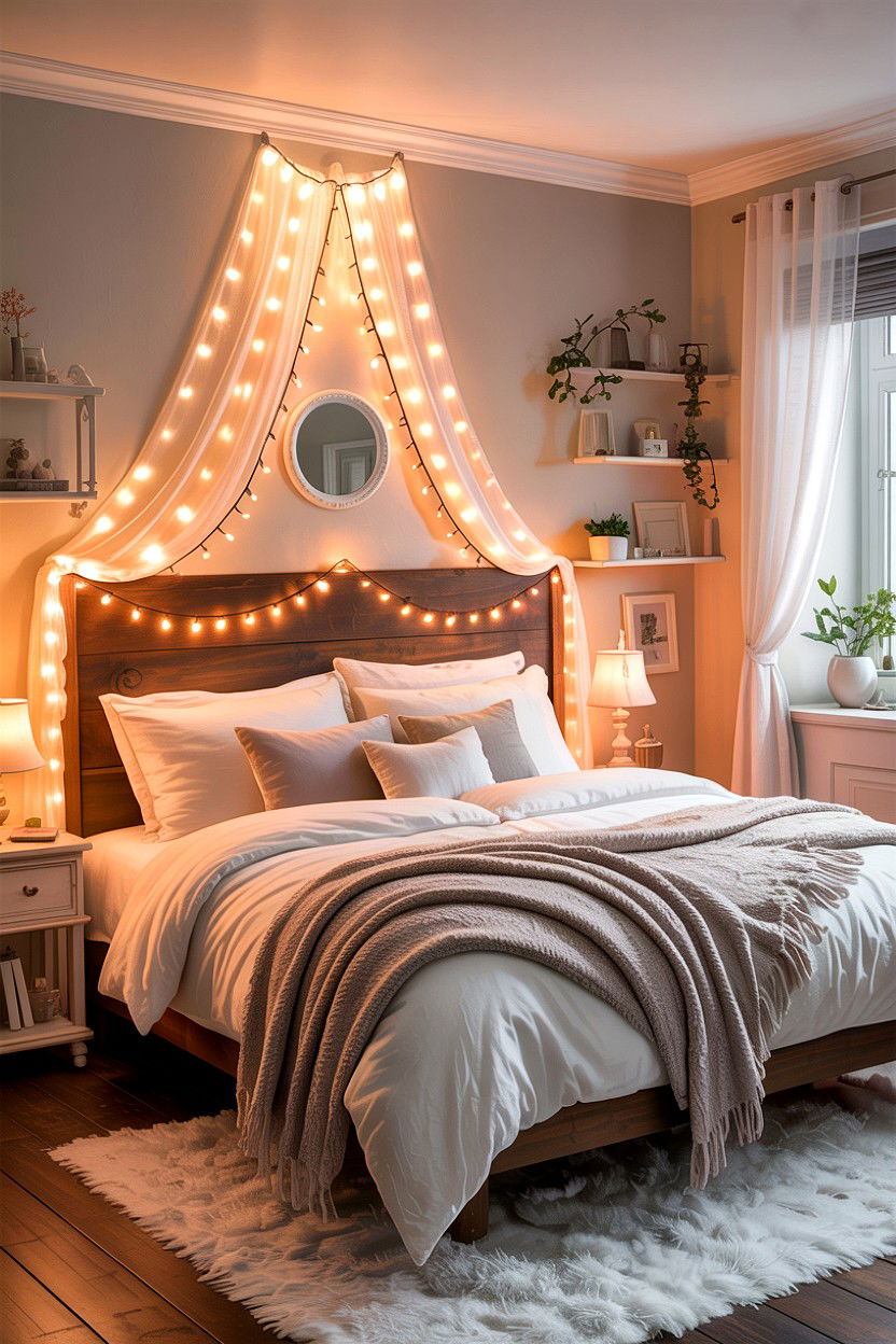 String Lights Bedroom - 30 cheap bedroom ideas