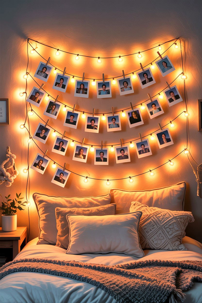 String Lights Photo Display - 30 bedroom memory wall ideas