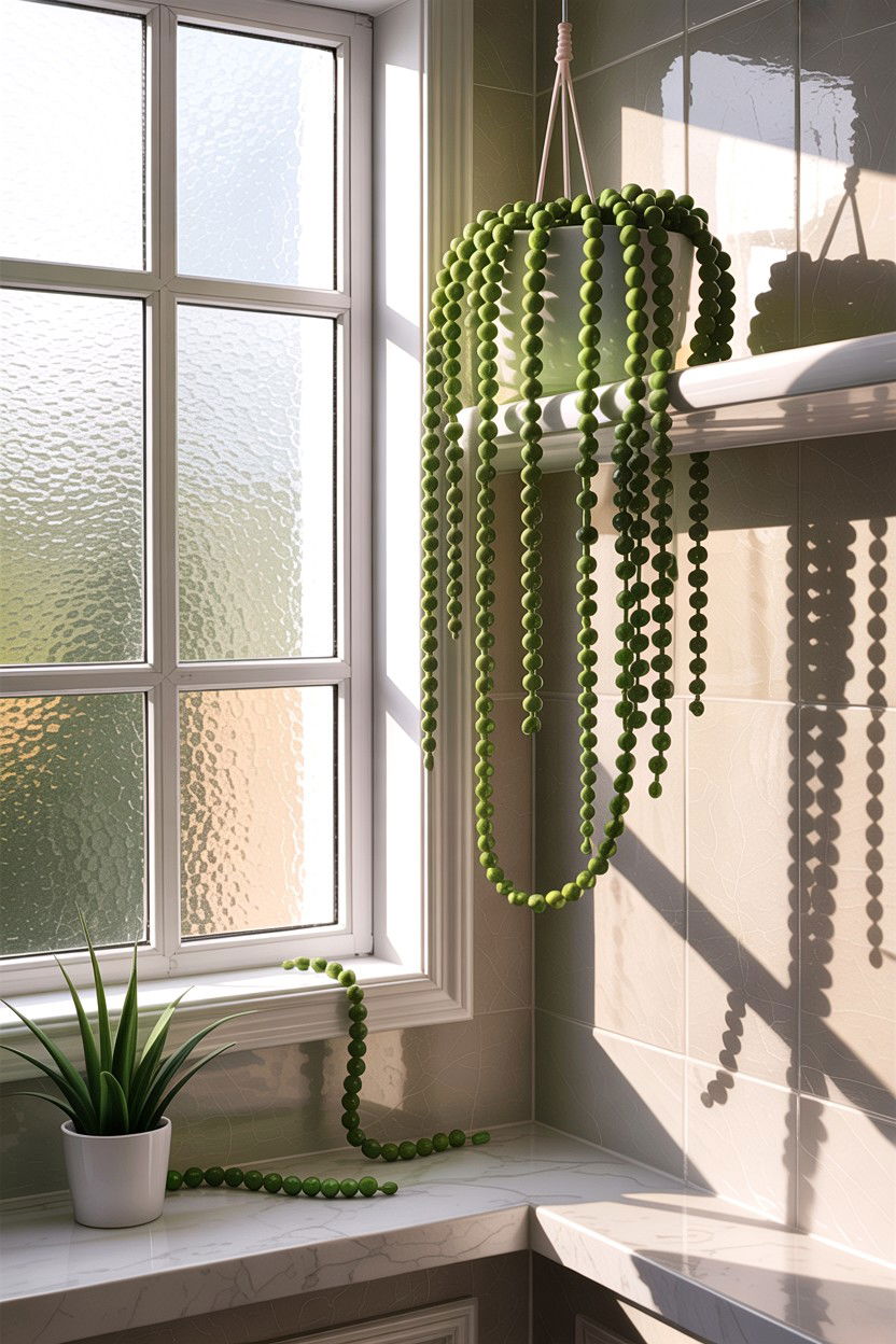 String of pearls bathroom - 30 hanging plants for bathroom ideas