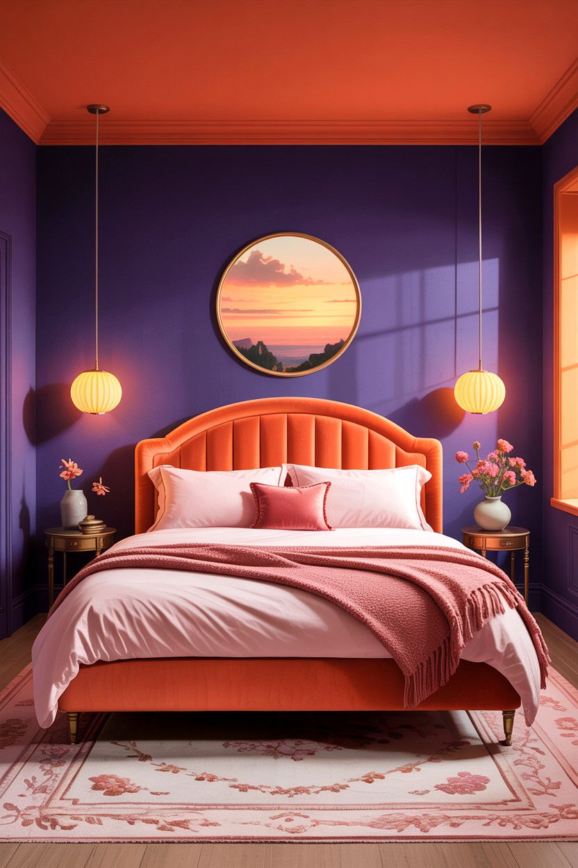 Sunset orange and violet bedroom - 30 colorful bedroom ideas