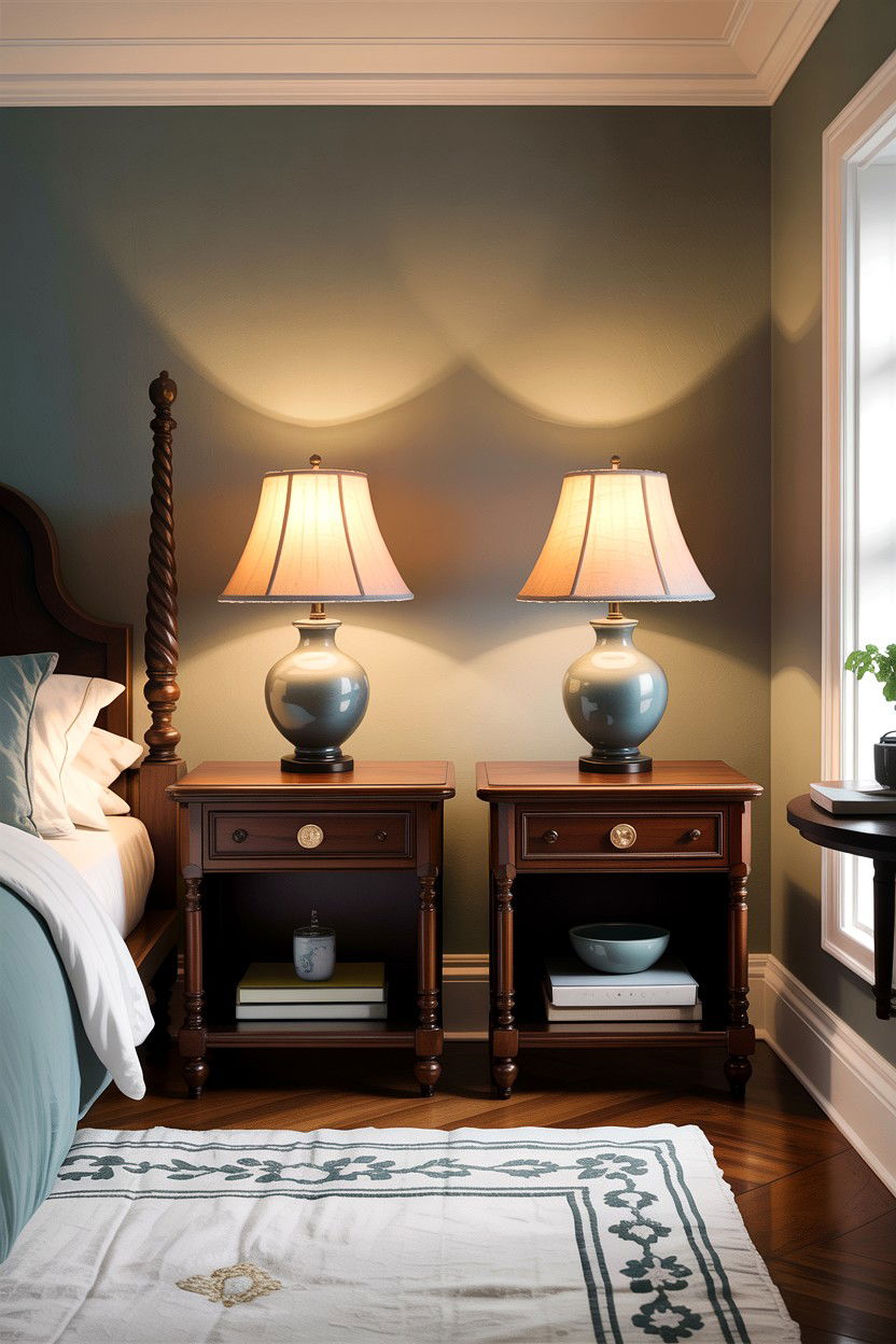 Symmetrically Placed Nightstands And Lamps - 30 British colonial bedroom ideas
