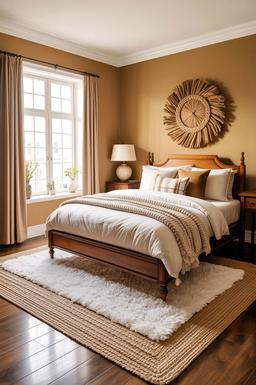 Tan bedroom with layered rugs - 30 warm tan bedroom ideas