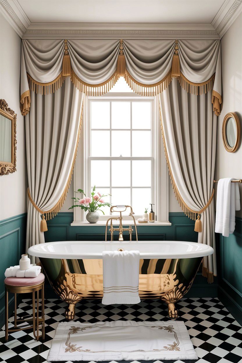 Tasselled bathroom curtains - 30 Hollywood regency bathroom ideas