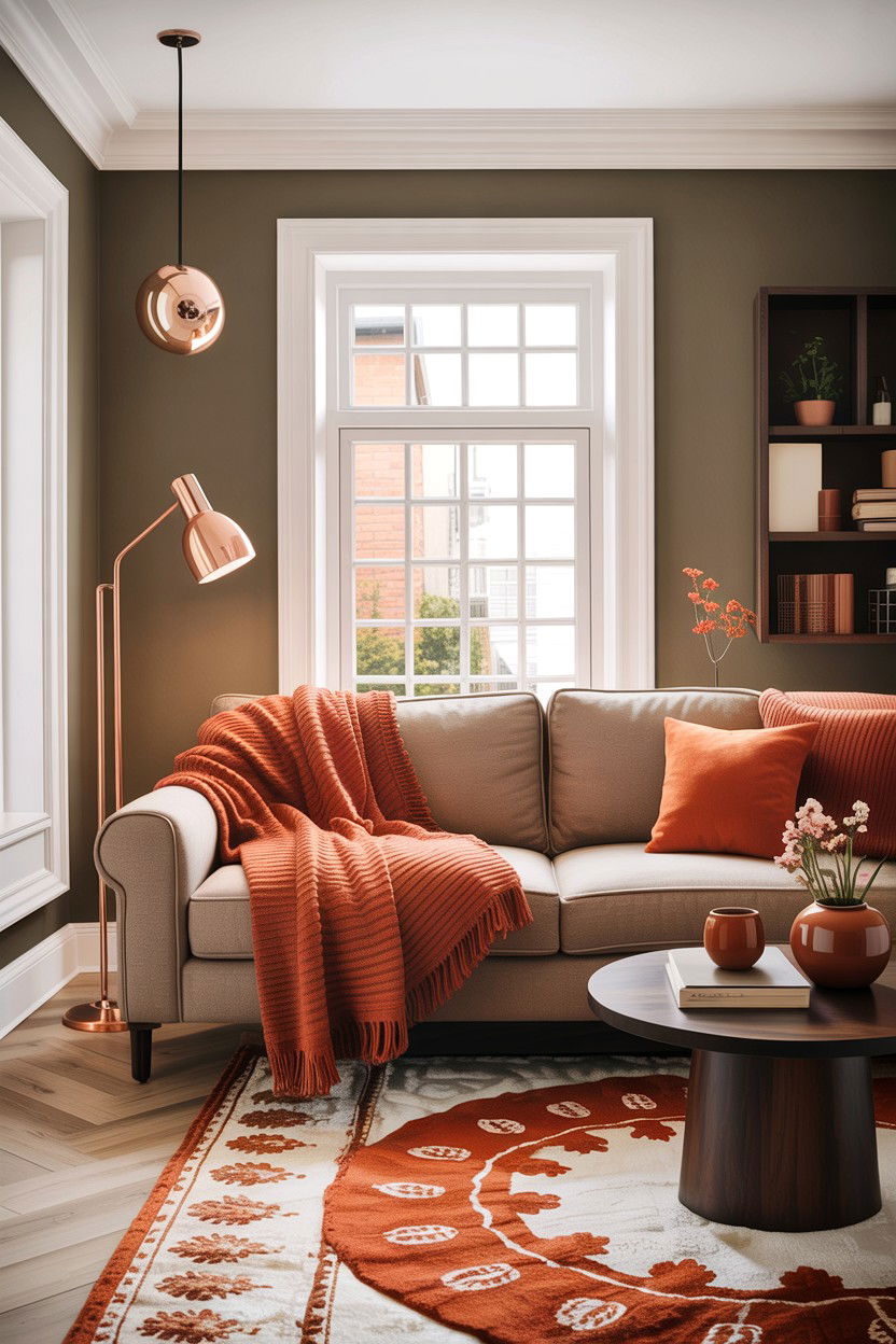 Taupe and burnt orange living room - 30 taupe living room color schemes