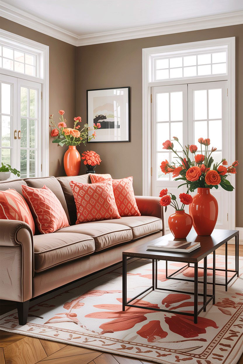 Taupe and coral living room - 30 taupe living room color schemes