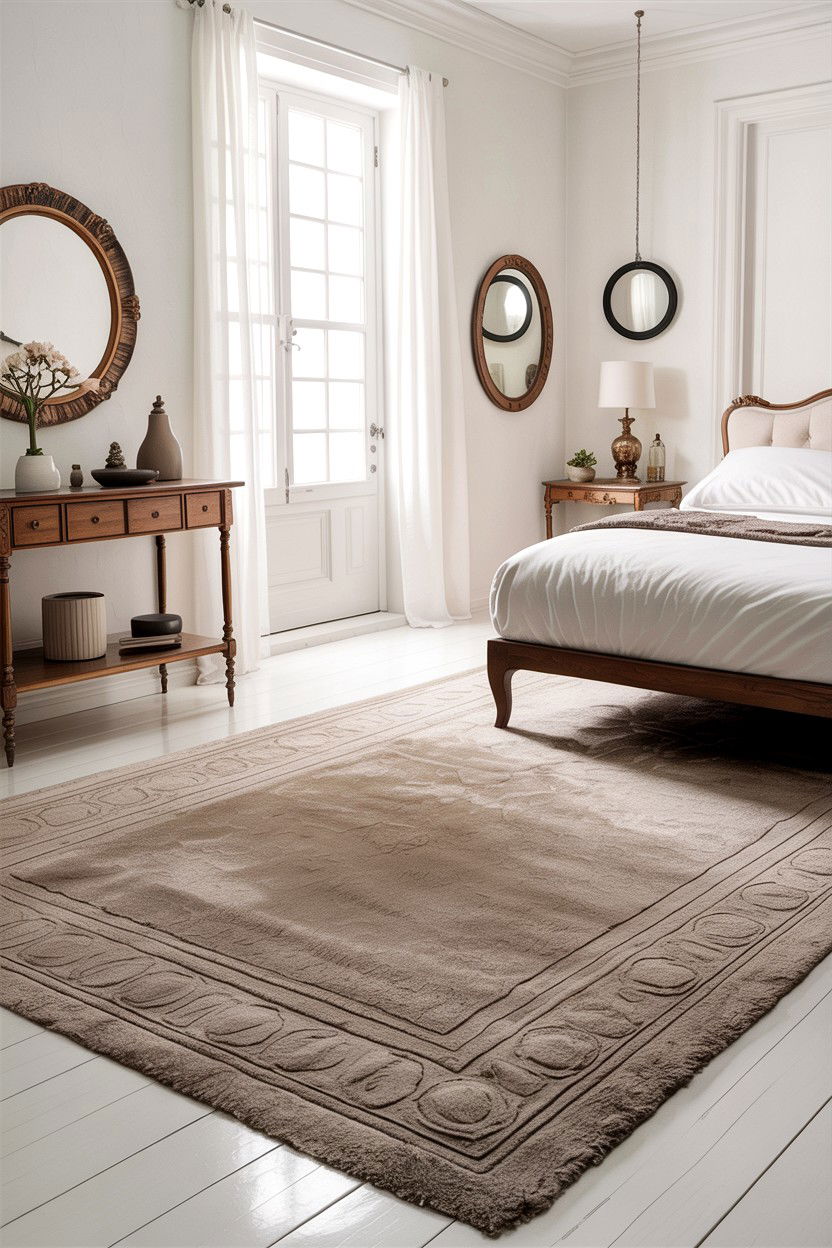 Taupe rug white floor - 30 taupe and white bedroom ideas