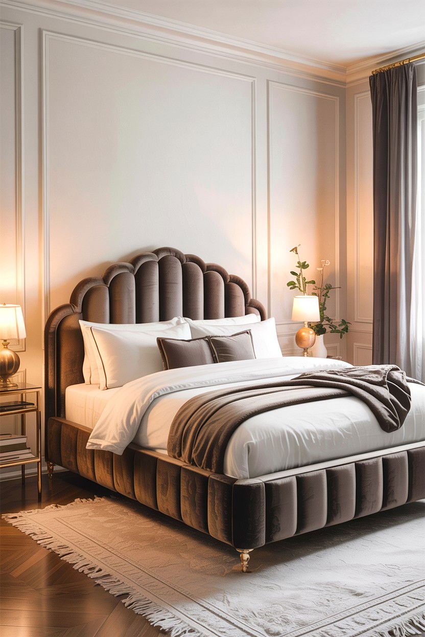 Taupe velvet bed - 30 taupe and white bedroom ideas