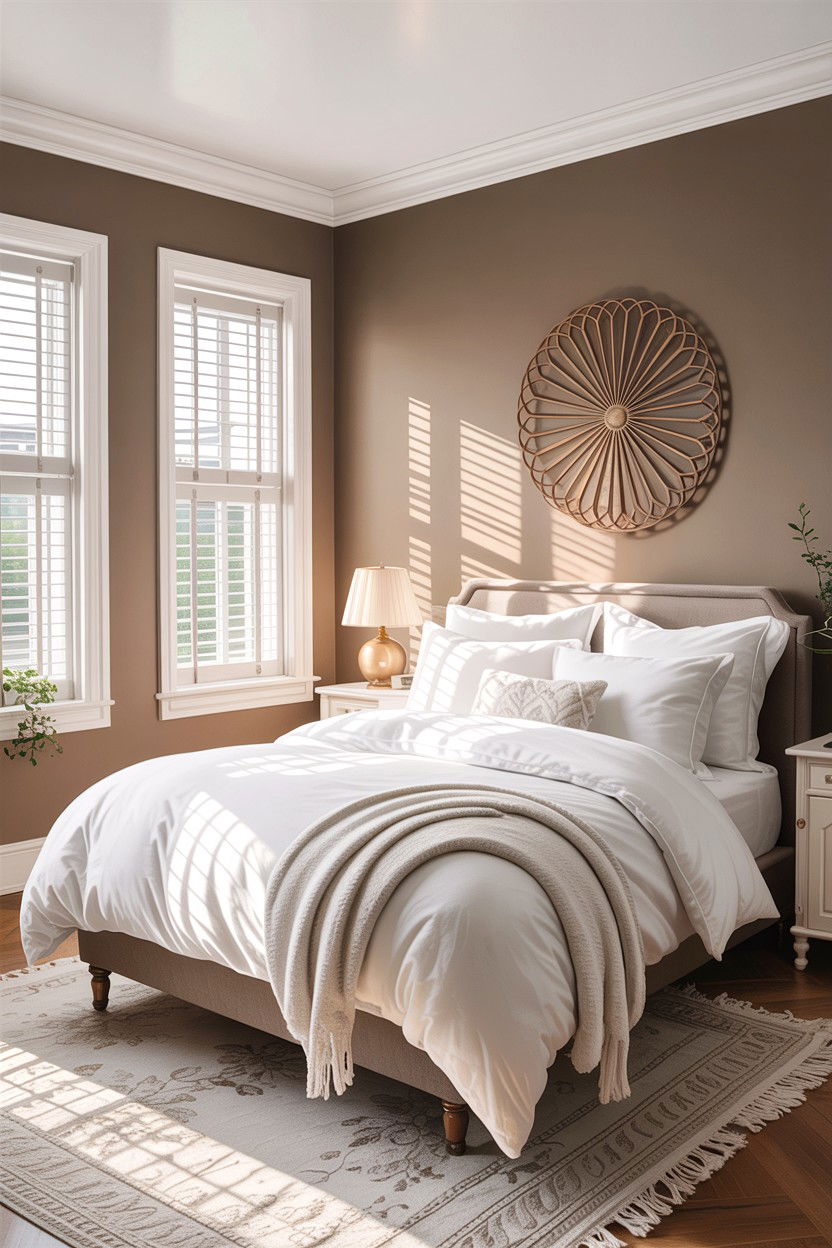 Taupe walls white bedding - 30 taupe and white bedroom ideas