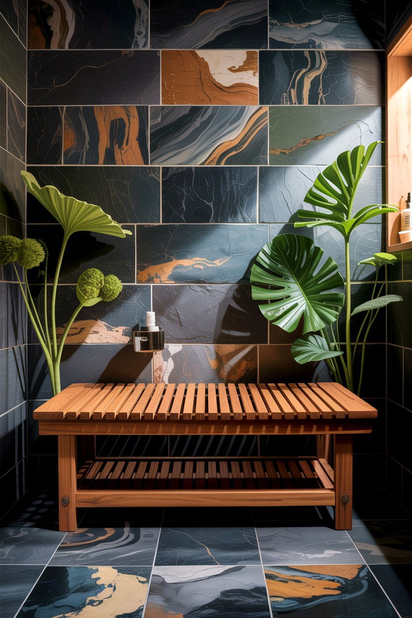 Teak shower bench - 30 bathroom built-in bench ideas