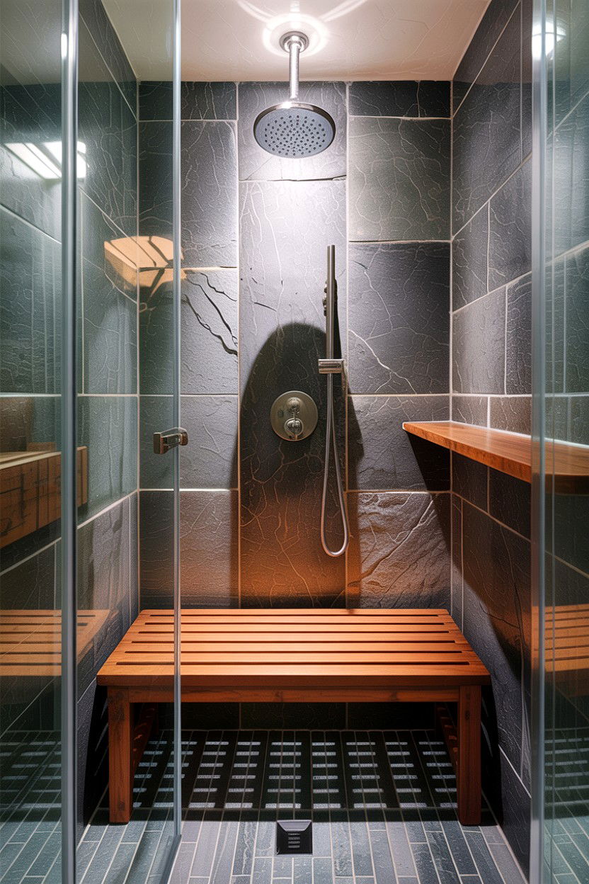 Teak wood shower bench - 30 Japanese bathroom ideas