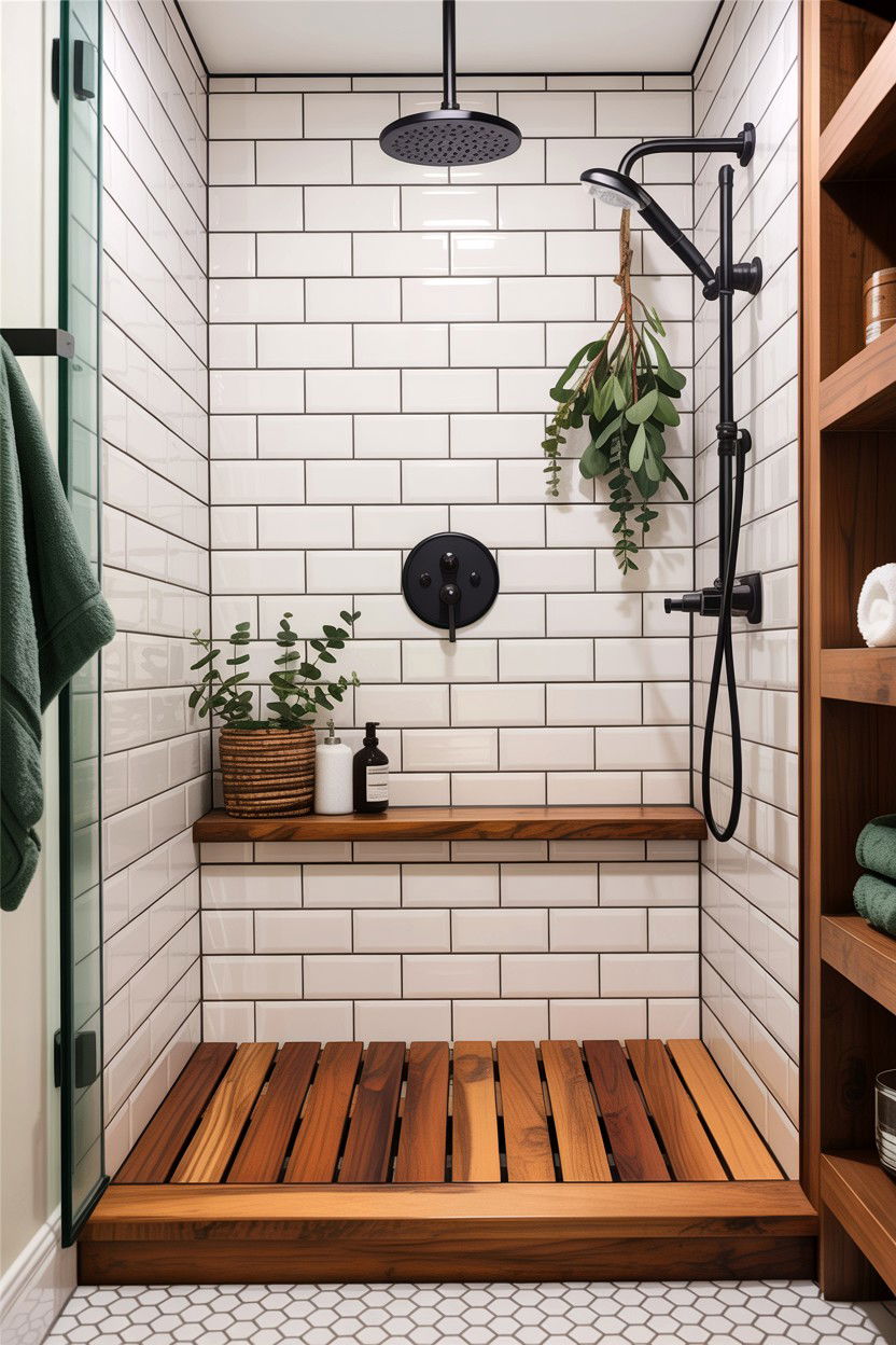 Teak wood shower floor - 30 home spa bathroom ideas