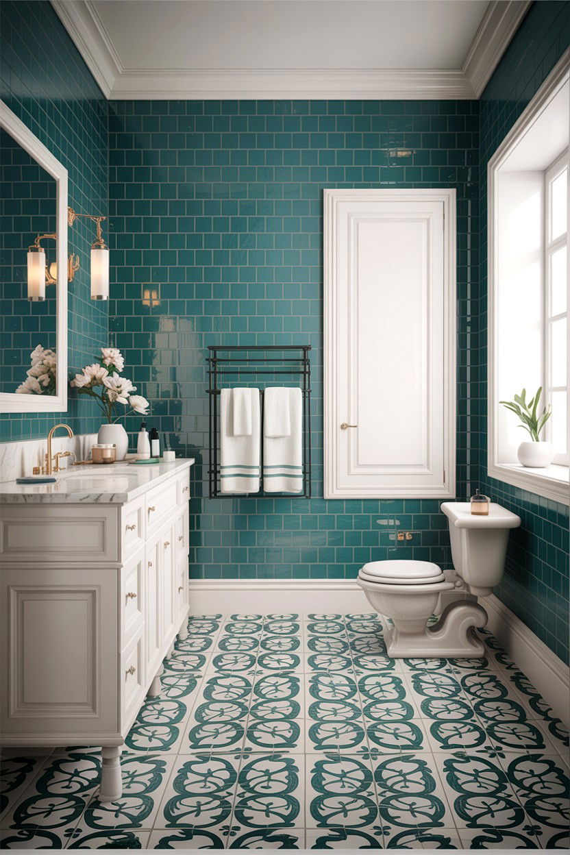 Teal And White Patterned Floor Tile - 30 teal and white bathroom ideas