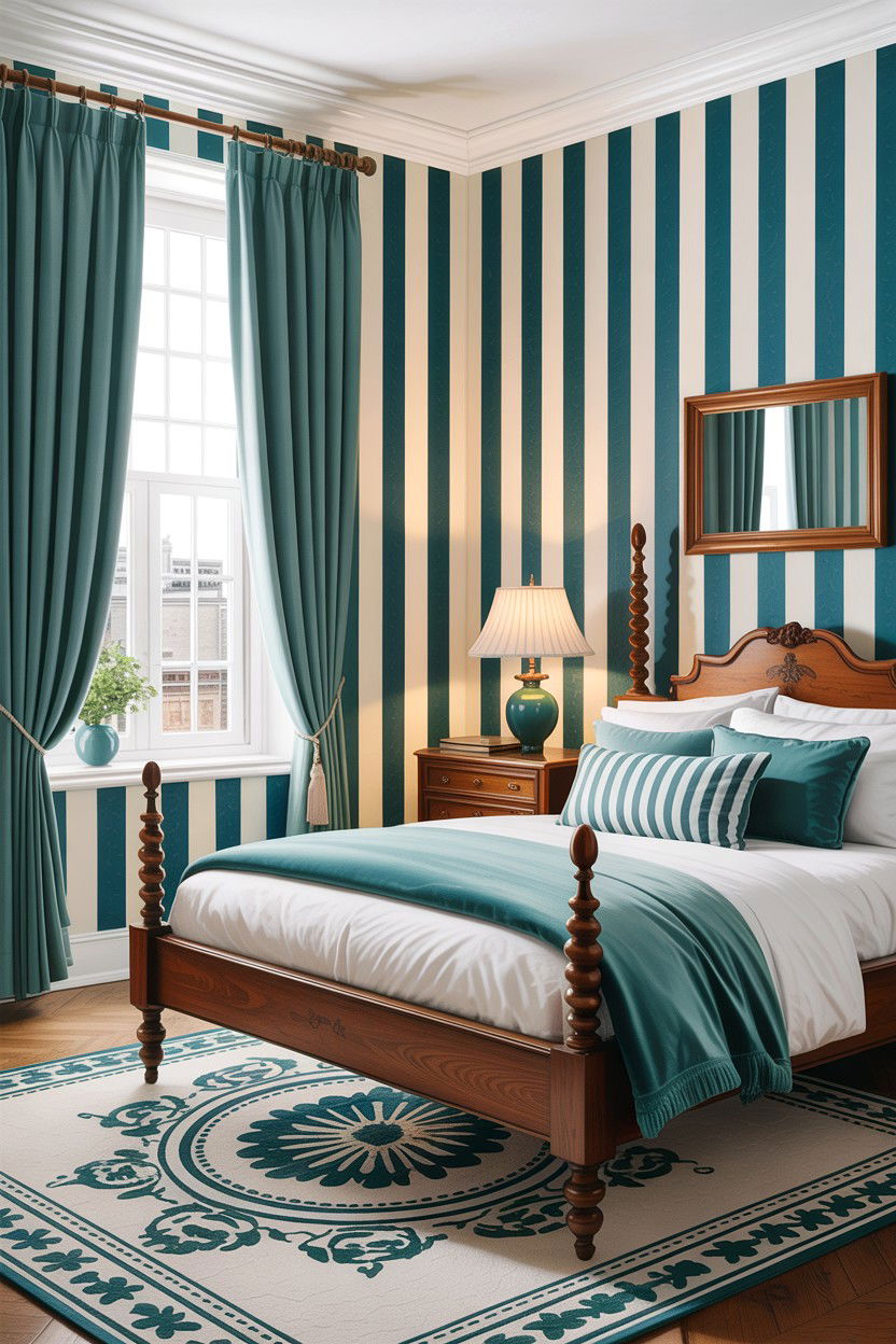 Teal And White Striped Pattern - 30 traditional teal bedroom ideas