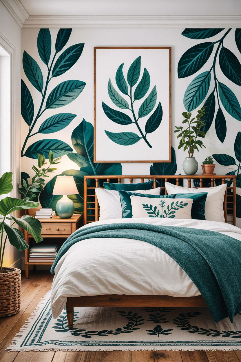 Teal Botanical Print Scandinavian Bedroom - 30 scandinavian teal bedroom ideas