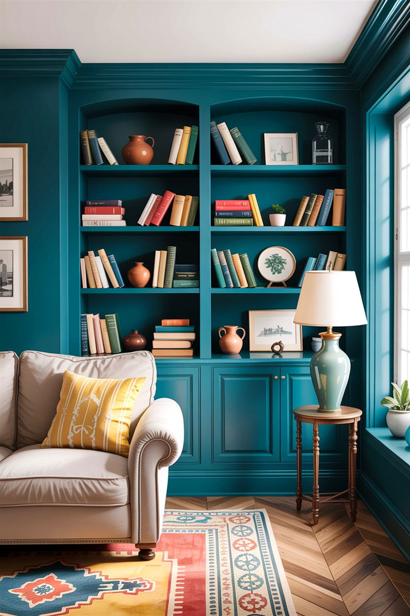 Teal Built In Bookshelves - 30 teal living room decor ideas