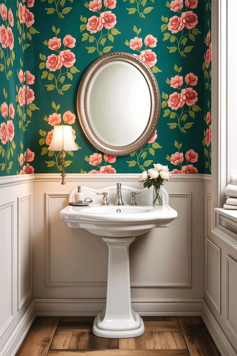 Teal Floral Wallpaper White Wainscoting - 30 teal and white bathroom ideas