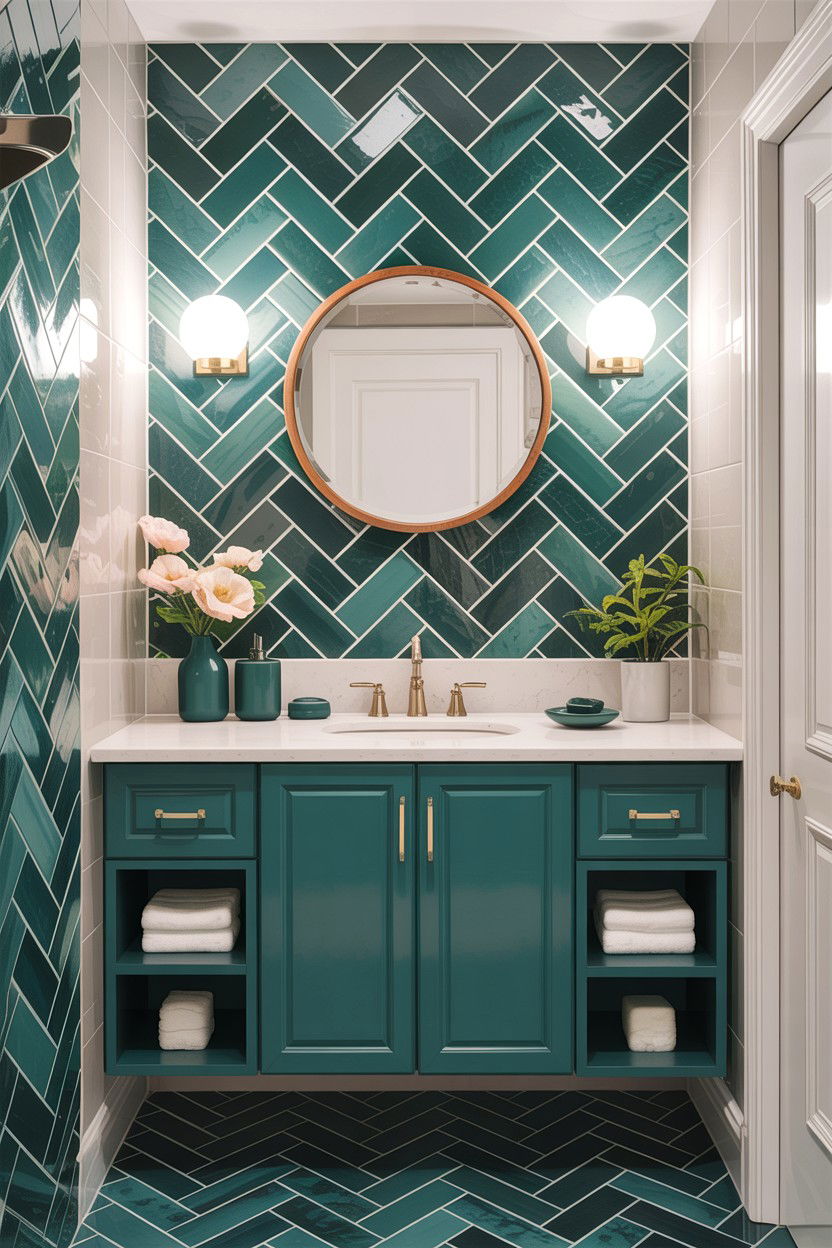 Teal Herringbone Tile Bathroom - 30 teal bathroom design ideas