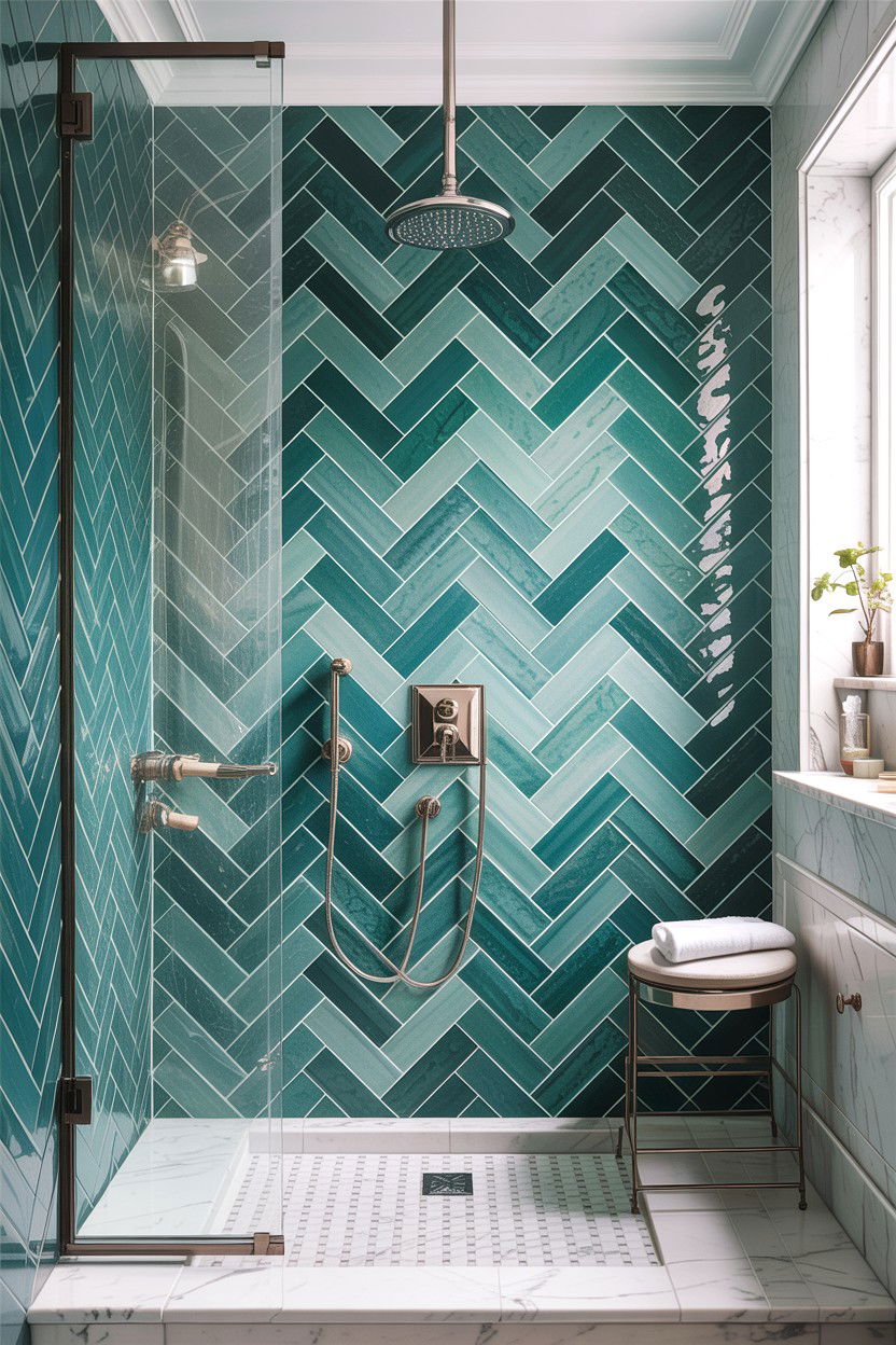 Teal Herringbone Tile Shower Wall - 30 teal and white bathroom ideas